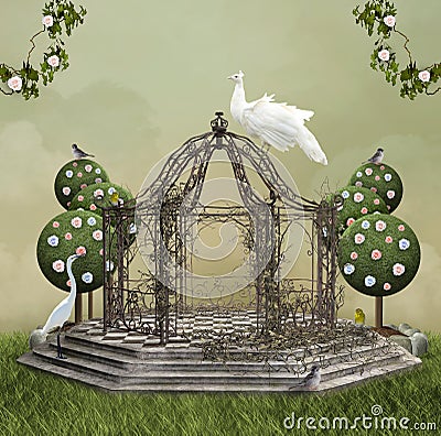 Romantic pagoda in a meadow scenery Cartoon Illustration